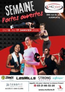 Semaine Portes ouvertes MC'form Audruicq, du 12 au 17 Janvier 2026. Fitness, Zumba, LesMills. Réservez votre séance d'essai !