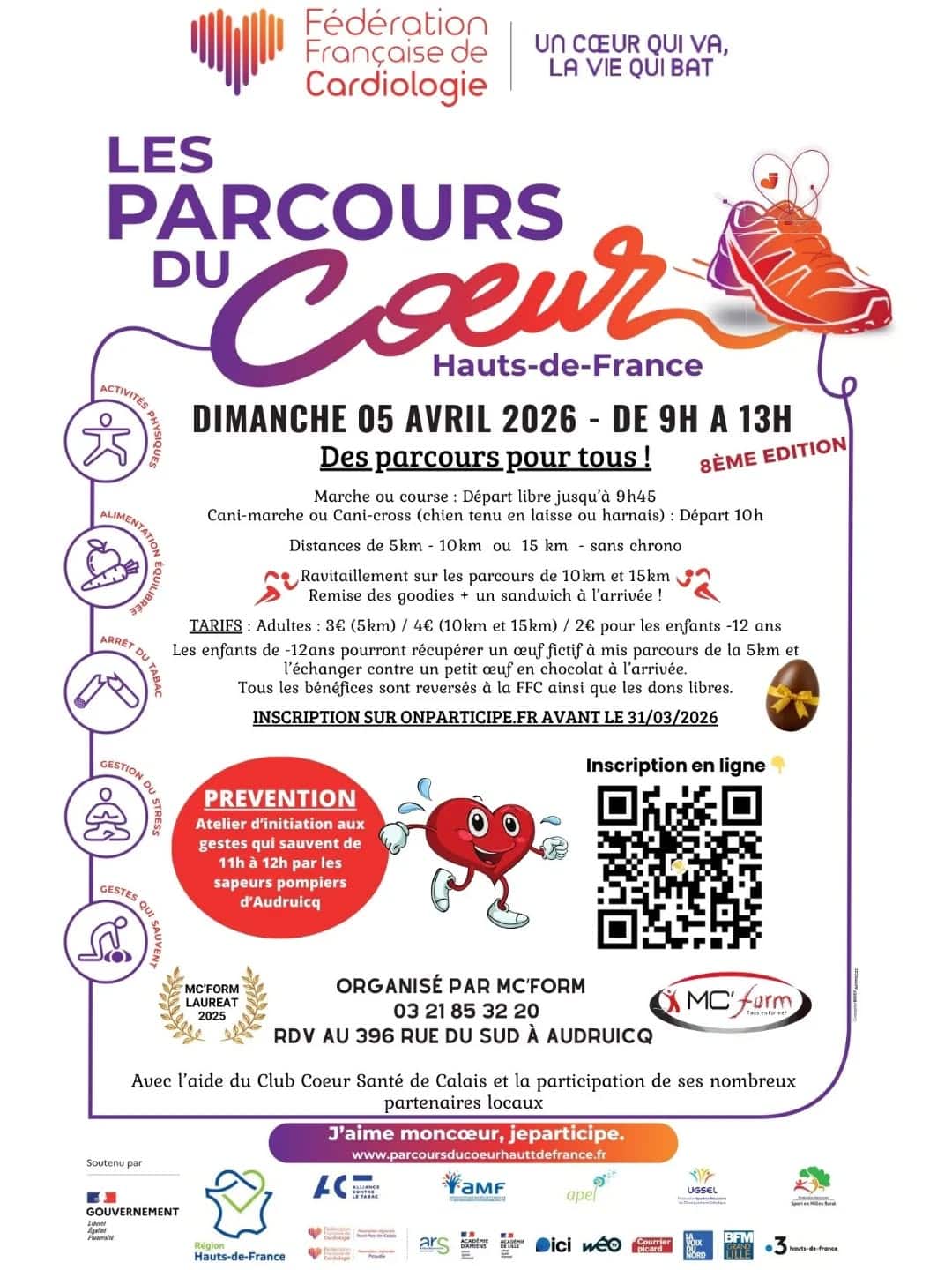 Affiche Les Parcours du Cœur Hauts-de-France à Audruicq, marche et course solidaire le 5 avril 2026 pour la santé cardiaque.